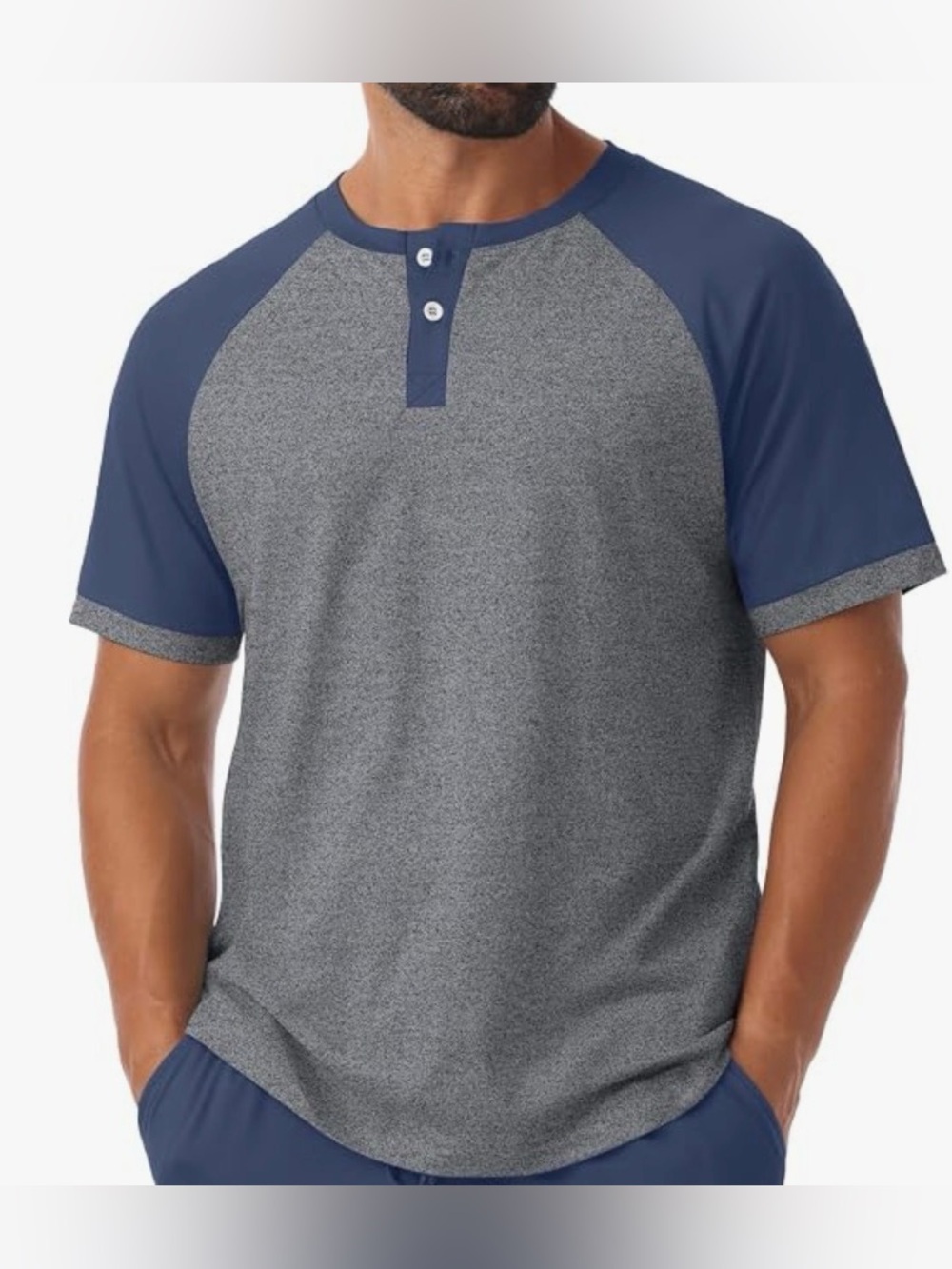 Men's Short Sleeve Raglan Henley Shirt - Navy & Heather Gray